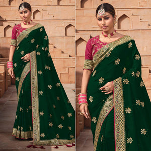 Dark Green Party Wear Embroidered Art Silk Saree