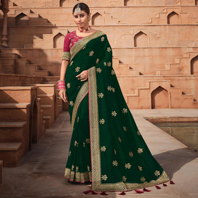 Dark Green Party Wear Embroidered Art Silk Saree