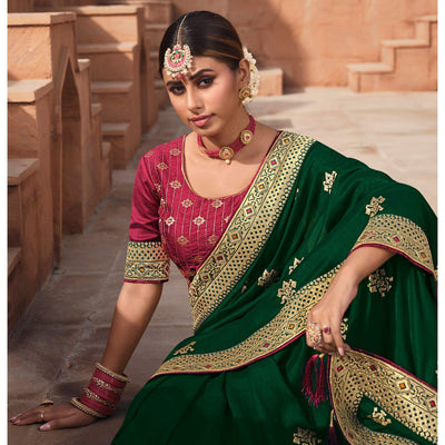 Dark Green Party Wear Embroidered Art Silk Saree