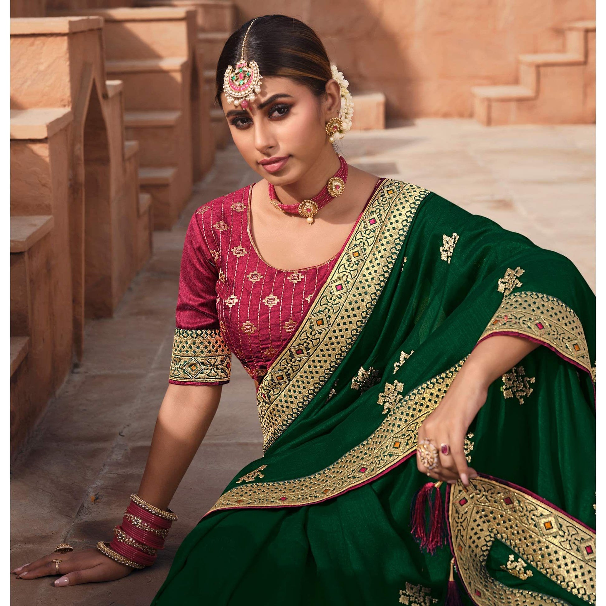 Dark Green Party Wear Embroidered Art Silk Saree