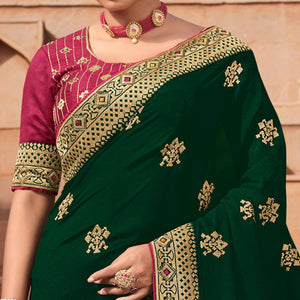 Dark Green Party Wear Embroidered Art Silk Saree