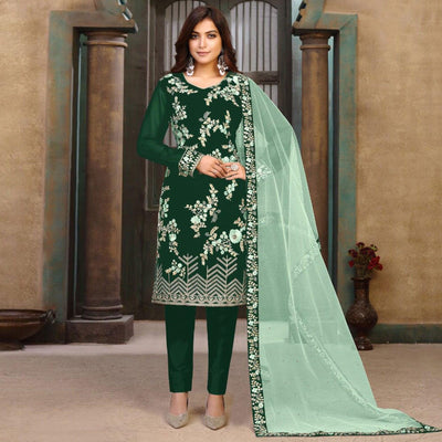 Dark Green Partywear Embroidered Heavy Faux Georgette Salwar Suit