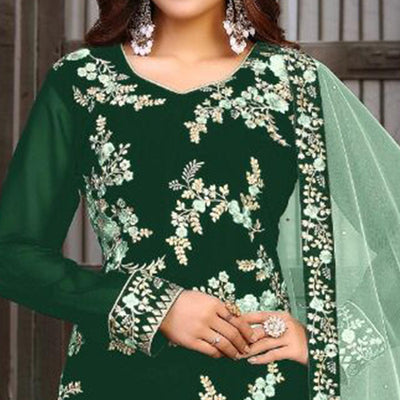Dark Green Partywear Embroidered Heavy Faux Georgette Salwar Suit