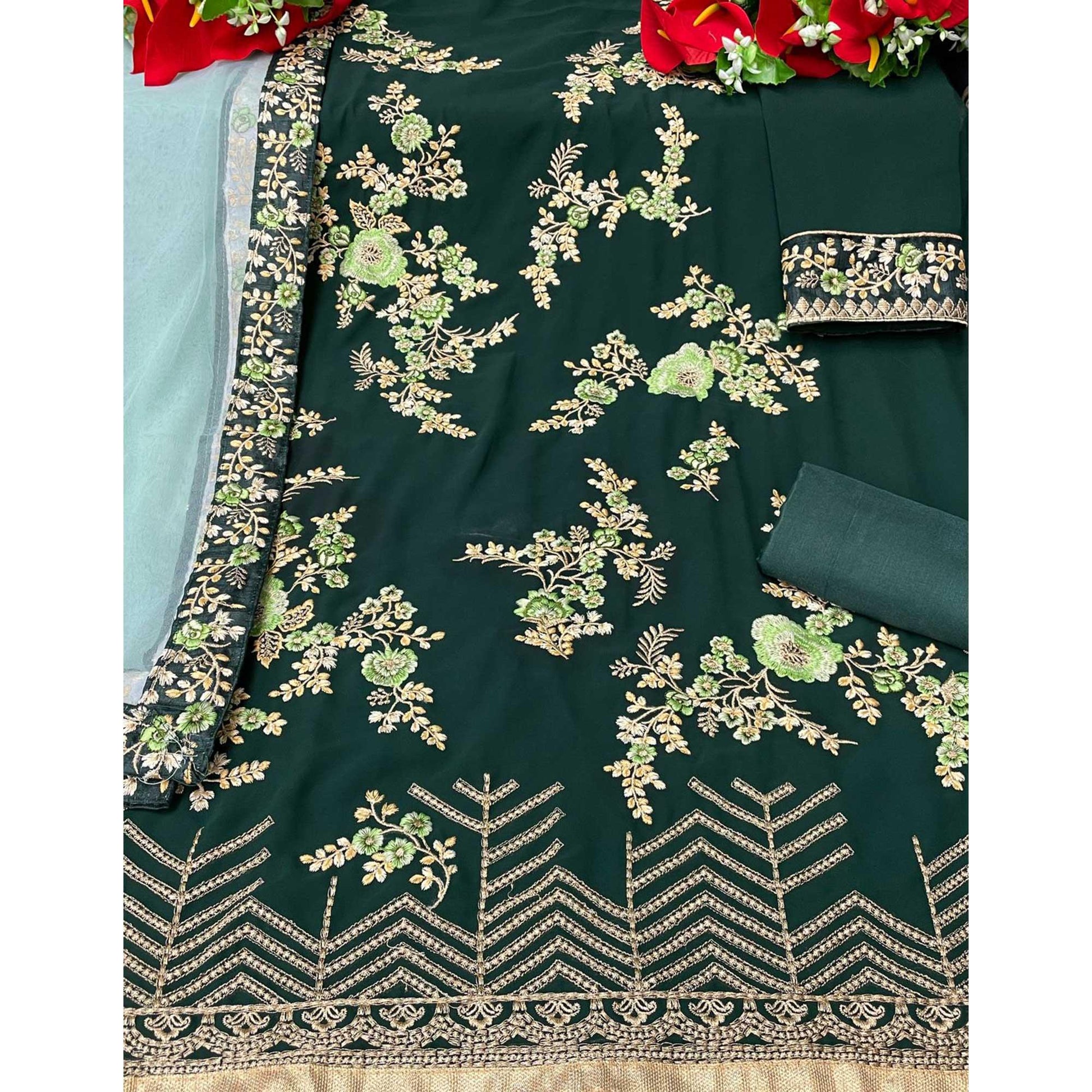 Dark Green Partywear Embroidered Heavy Faux Georgette Salwar Suit