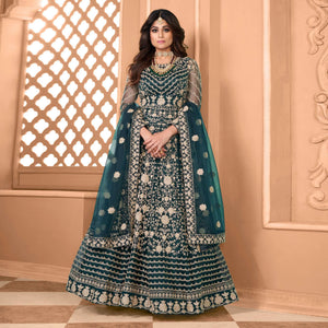 Dark Green Partywear Floral Embroidered Net Anarkali Suit