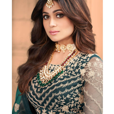 Dark Green Partywear Floral Embroidered Net Anarkali Suit