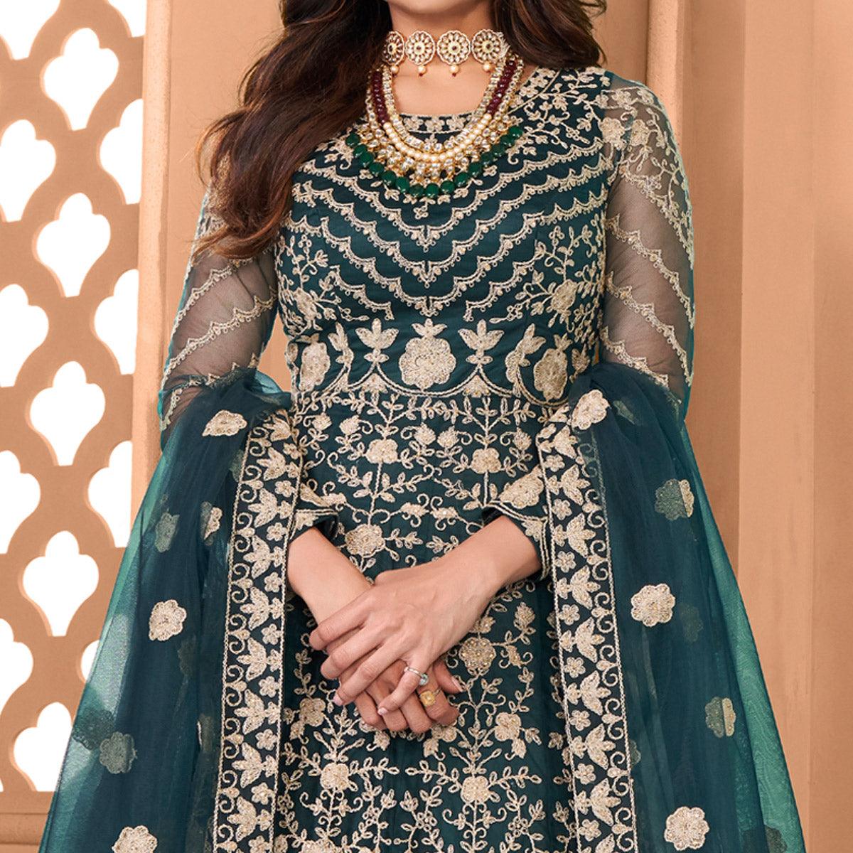 Dark Green Partywear Floral Embroidered Net Anarkali Suit