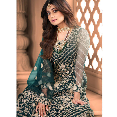 Dark Green Partywear Floral Embroidered Net Anarkali Suit