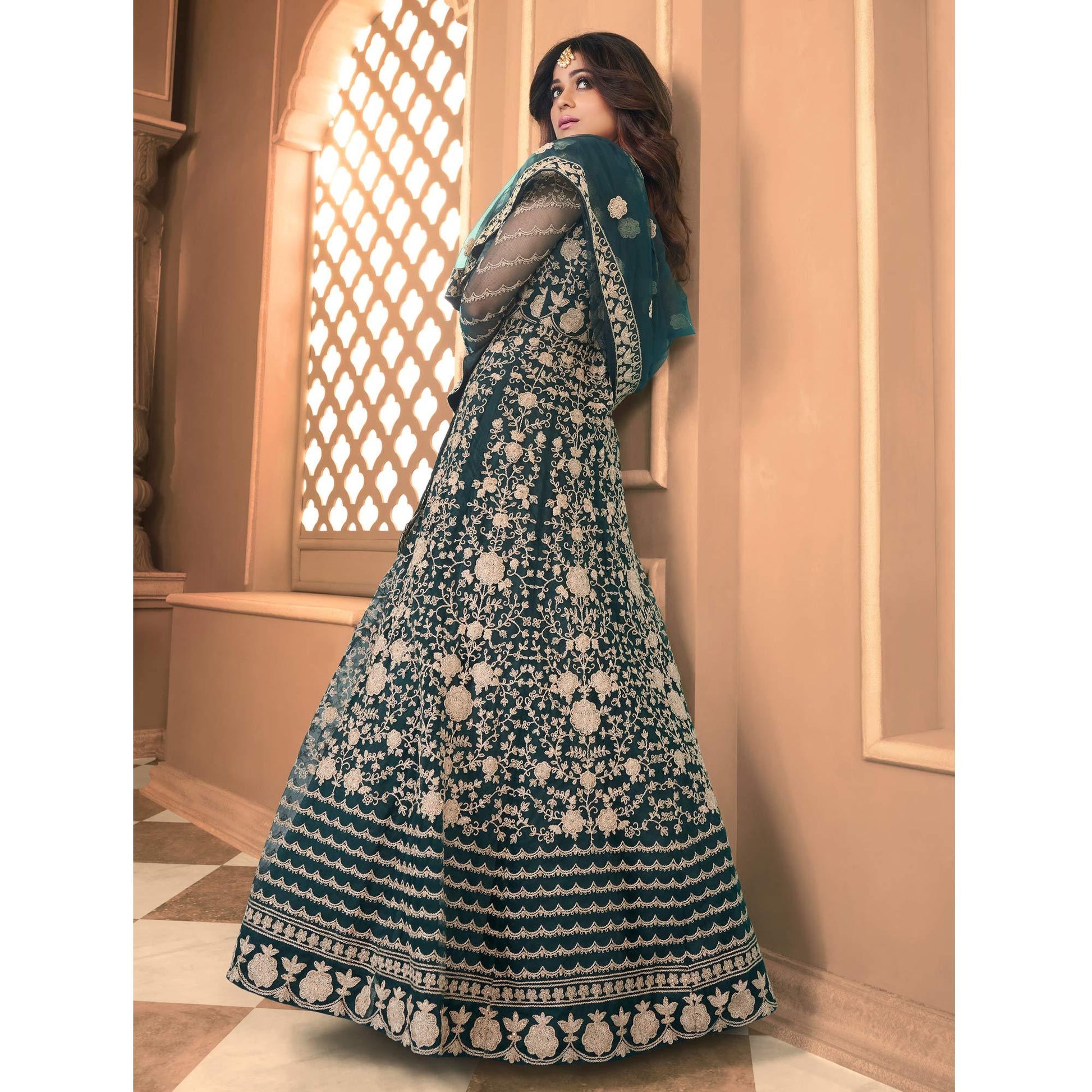 Dark Green Partywear Floral Embroidered Net Anarkali Suit