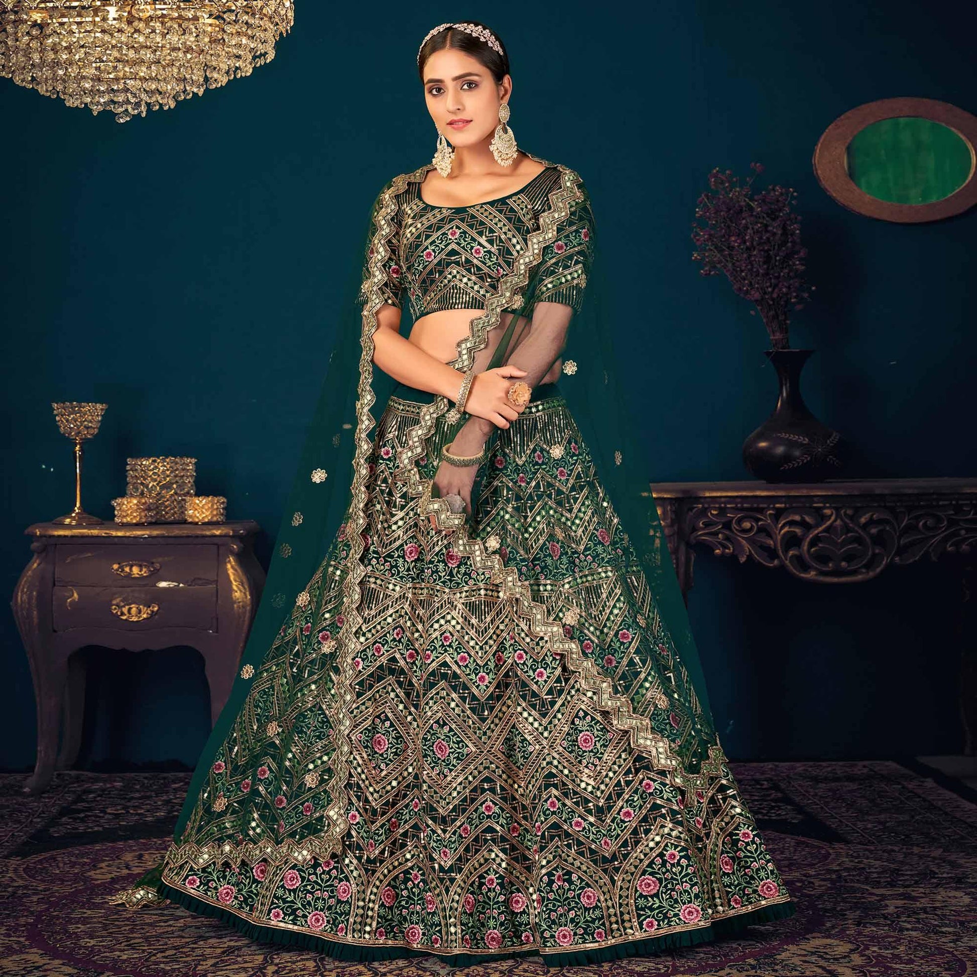 Dark Green Partywear Sequins With Gotta Patti Embroidered Georgette Lehenga Choli