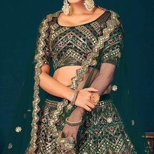 Dark Green Partywear Sequins With Gotta Patti Embroidered Georgette Lehenga Choli