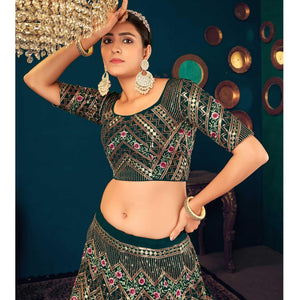 Dark Green Partywear Sequins With Gotta Patti Embroidered Georgette Lehenga Choli