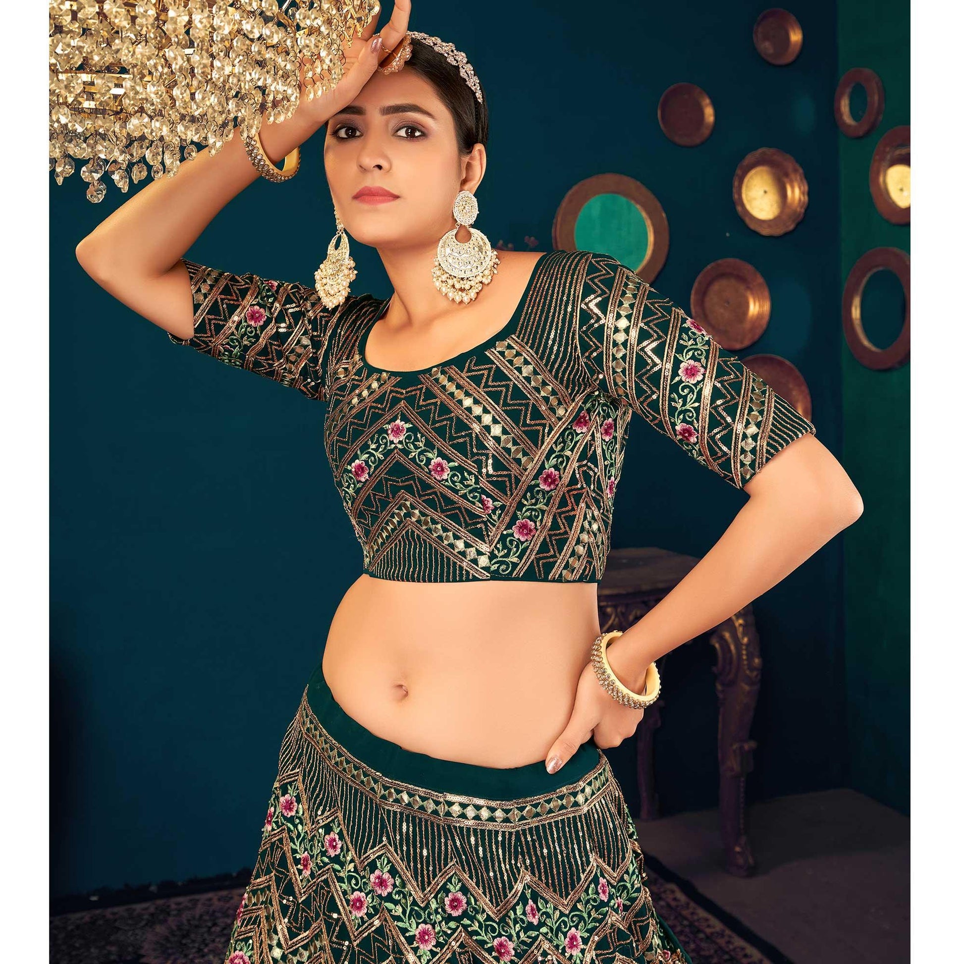 Dark Green Partywear Sequins With Gotta Patti Embroidered Georgette Lehenga Choli