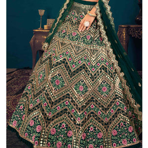 Dark Green Partywear Sequins With Gotta Patti Embroidered Georgette Lehenga Choli