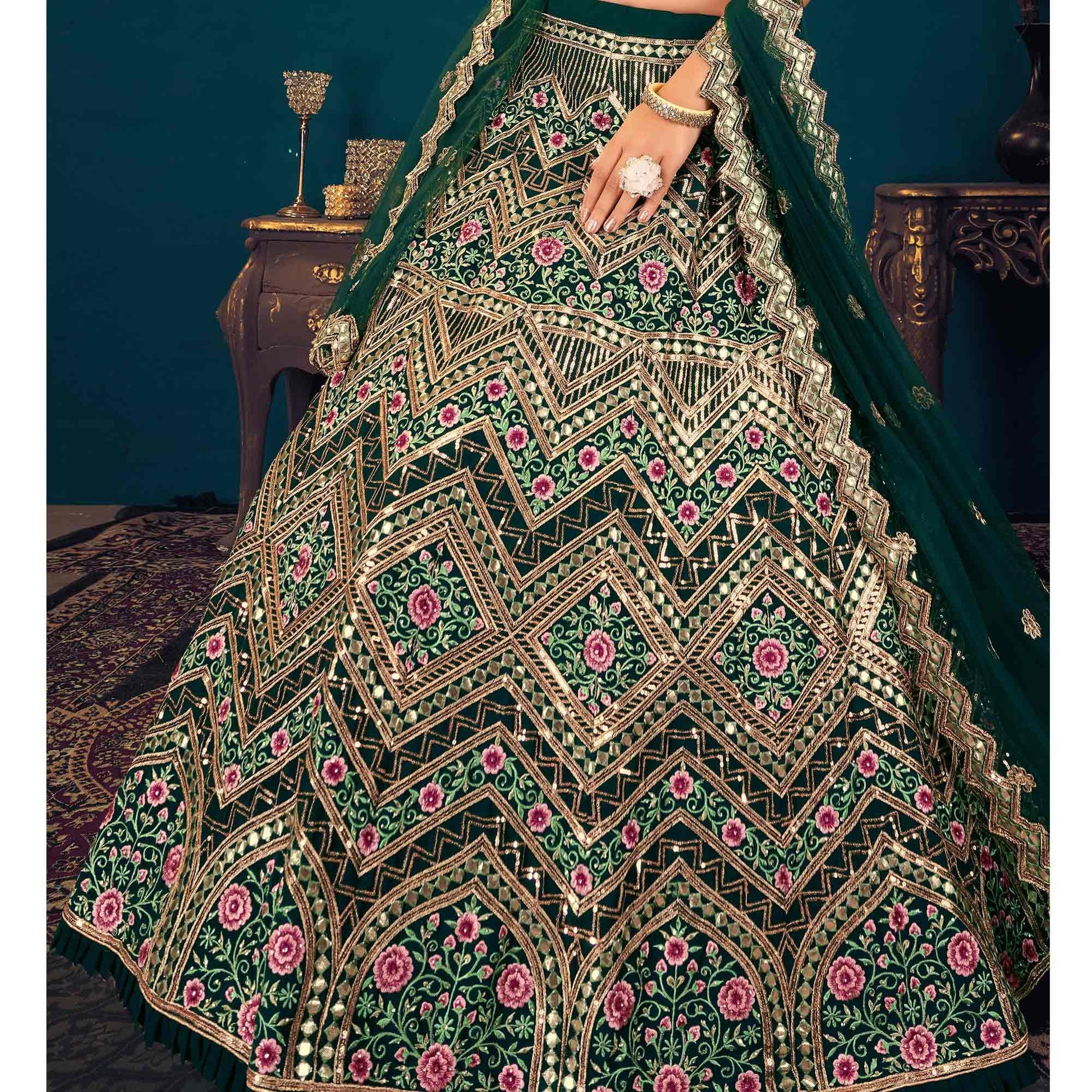 Dark Green Partywear Sequins With Gotta Patti Embroidered Georgette Lehenga Choli