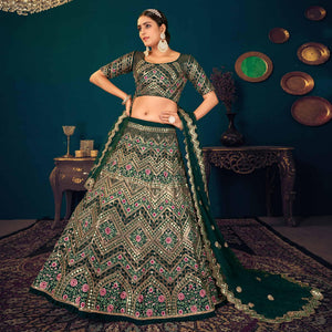 Dark Green Partywear Sequins With Gotta Patti Embroidered Georgette Lehenga Choli