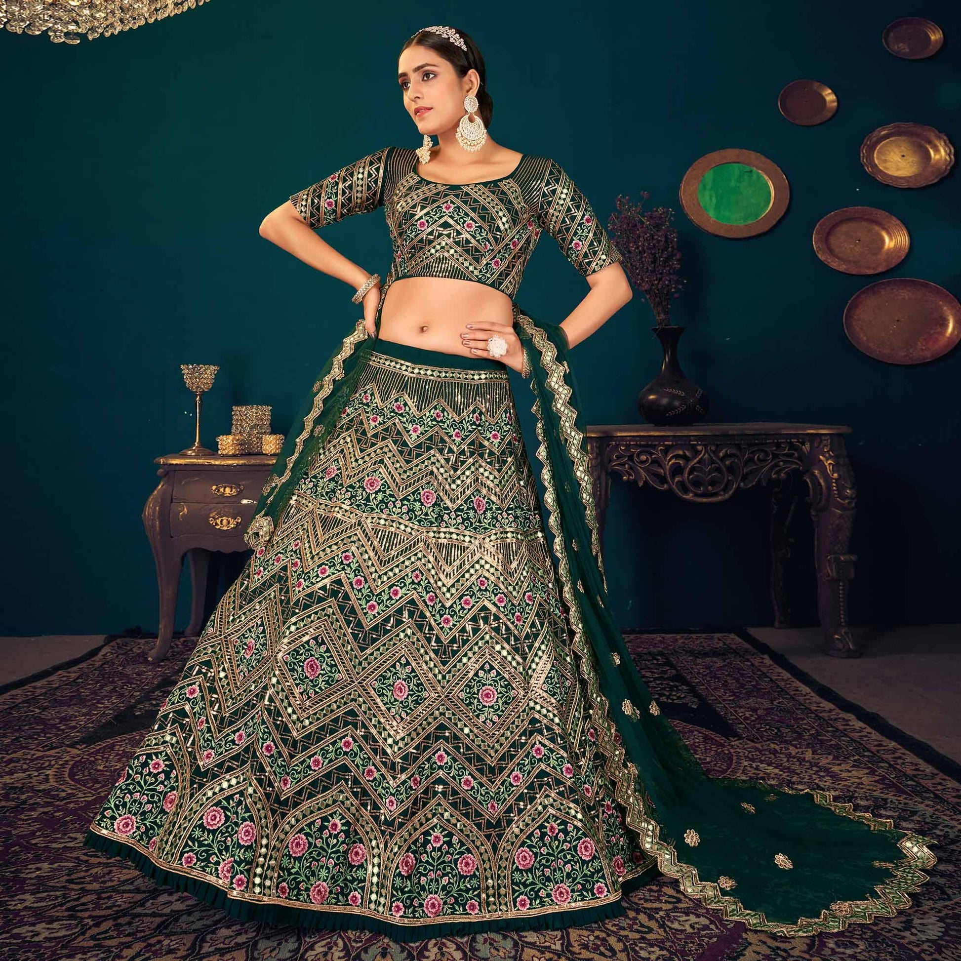 Dark Green Partywear Sequins With Gotta Patti Embroidered Georgette Lehenga Choli