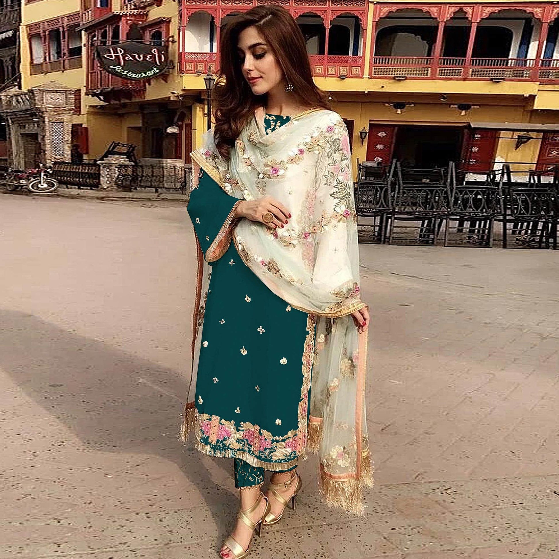 Dark Green Partywear Straight cut Style Embroidery and Moti Work faux Georgette Salwar Suit