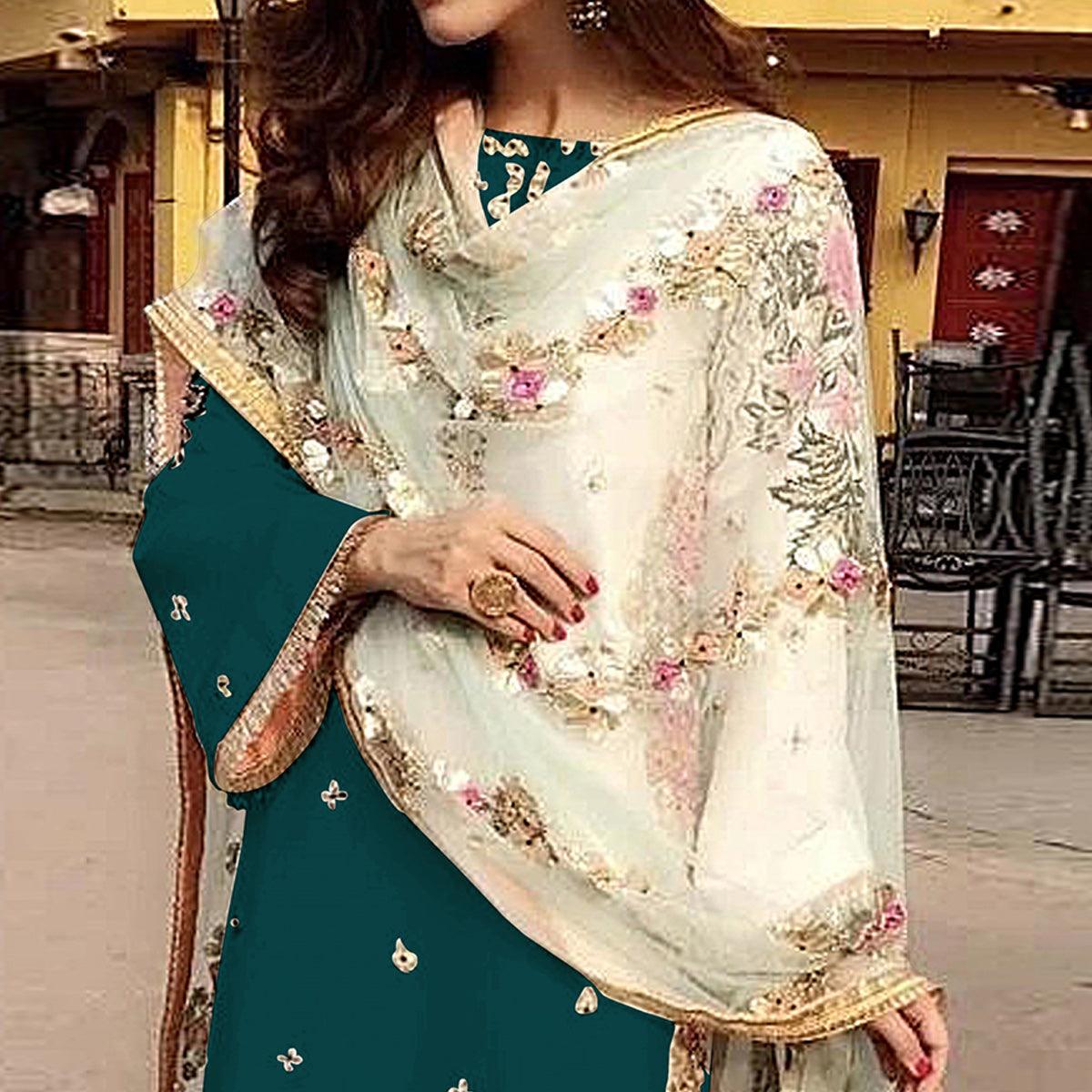 Dark Green Partywear Straight cut Style Embroidery and Moti Work faux Georgette Salwar Suit