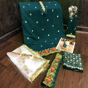 Dark Green Partywear Straight cut Style Embroidery and Moti Work faux Georgette Salwar Suit
