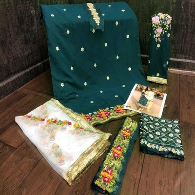 Dark Green Partywear Straight cut Style Embroidery and Moti Work faux Georgette Salwar Suit