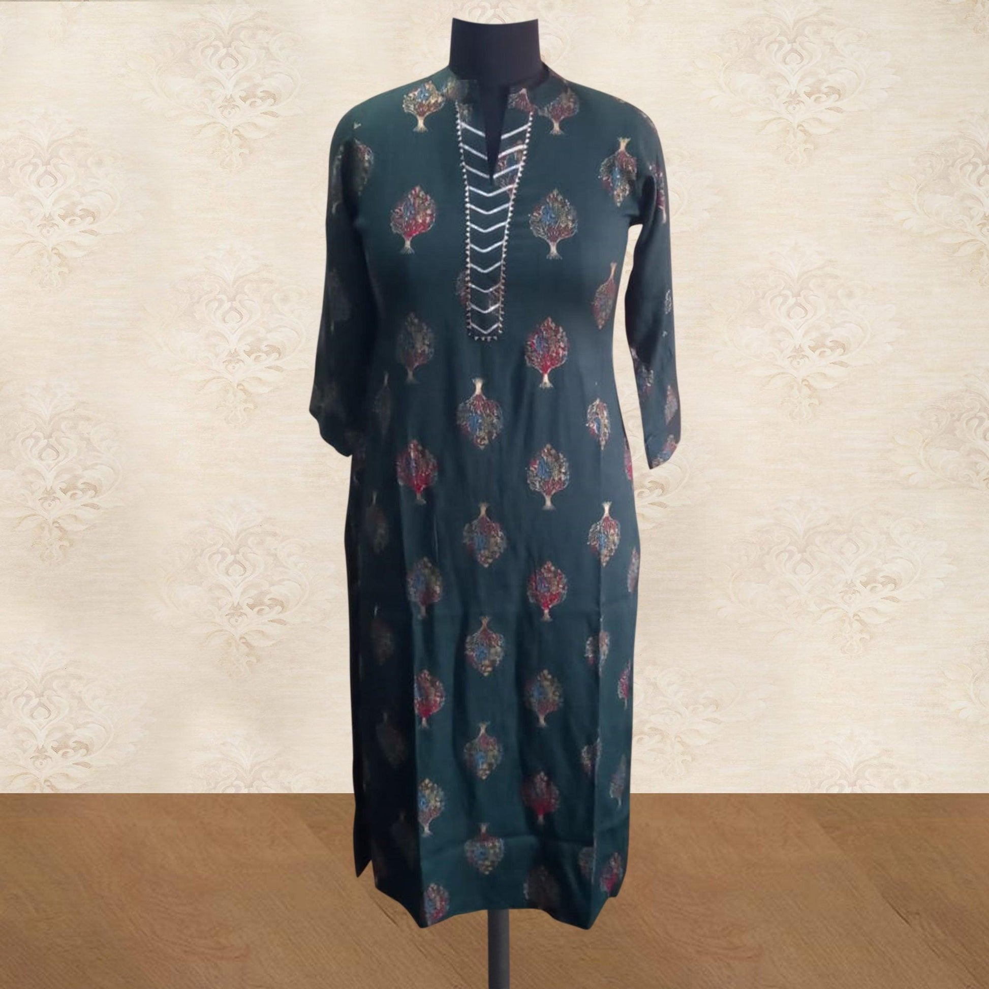 Dark Green Printed Cotton Kurti - Palazzo Set