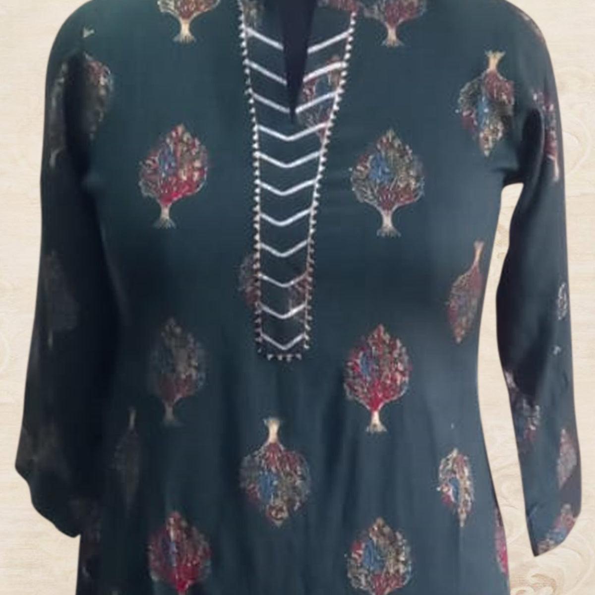 Dark Green Printed Cotton Kurti - Palazzo Set