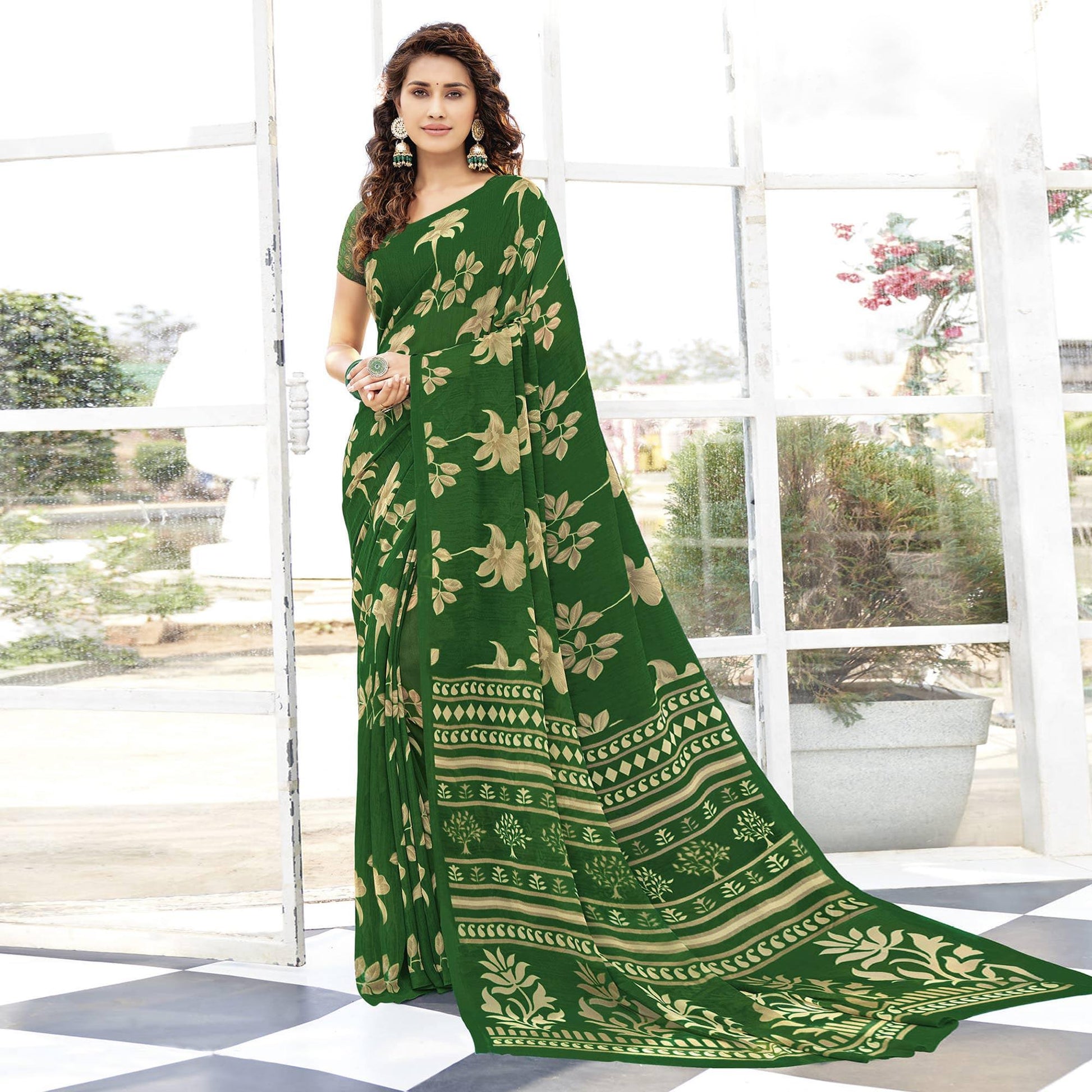 Dark Green Printed Georgette Saree
