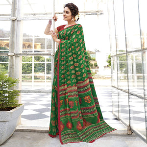 Dark Green Printed Georgette Saree