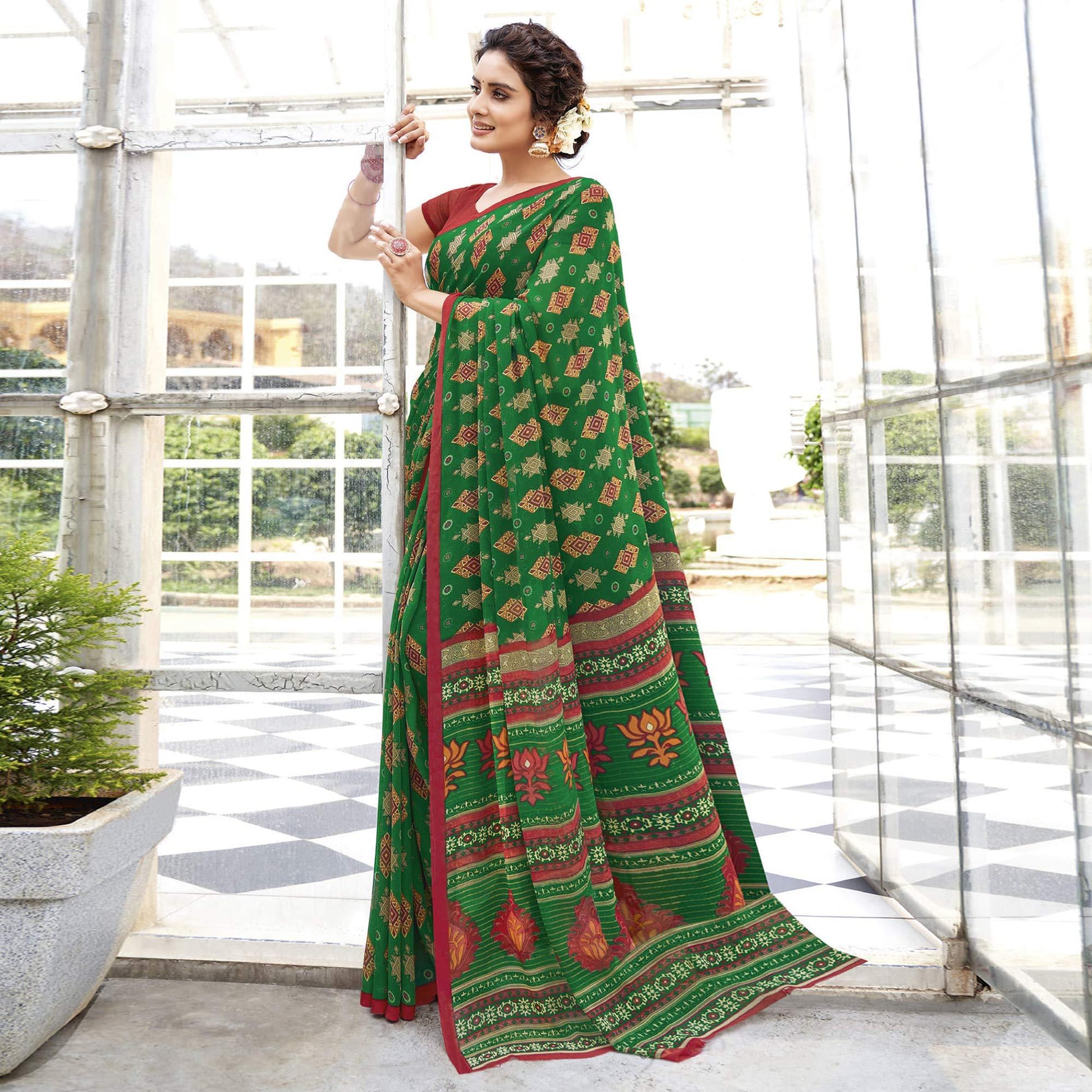 Dark Green Printed Georgette Saree