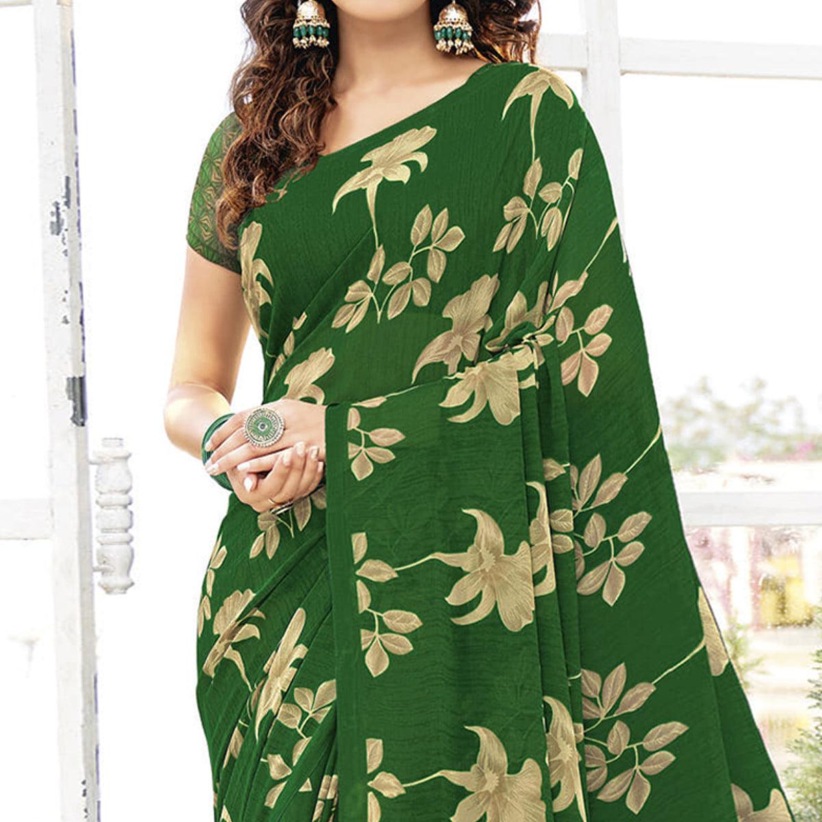 Dark Green Printed Georgette Saree