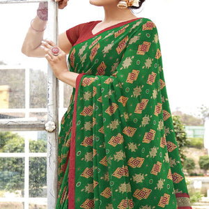 Dark Green Printed Georgette Saree