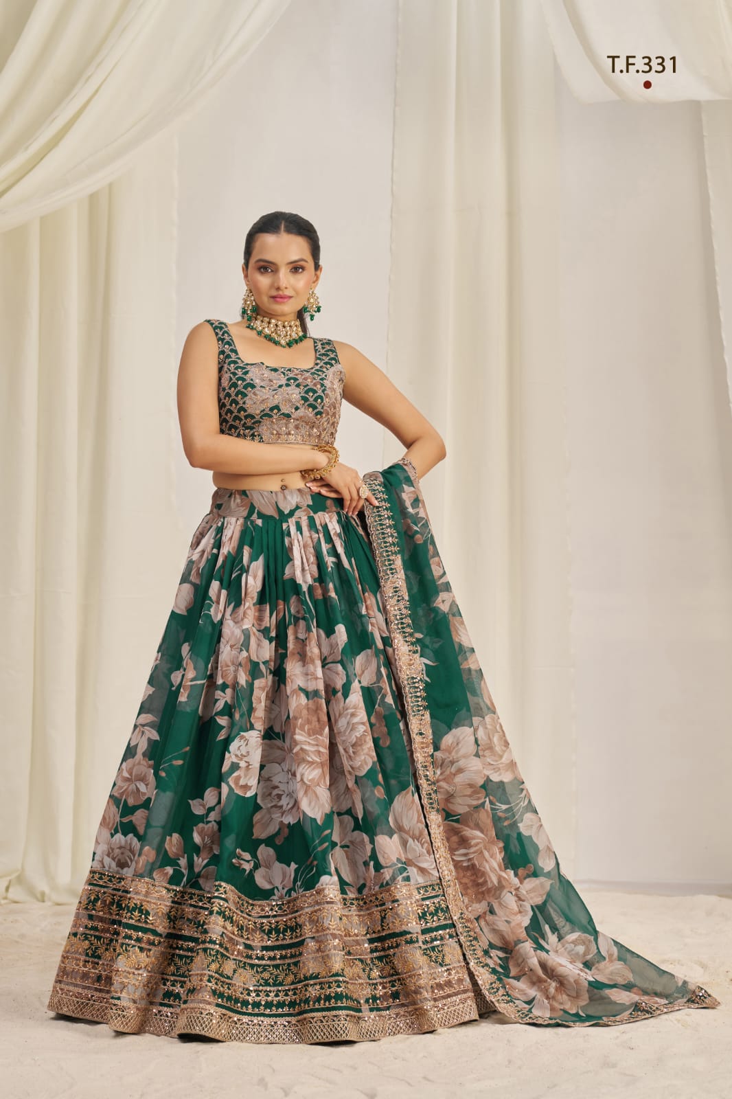 Dark Green Printed Organza Semi-Stitch Lehenga Choli with Zari, Dori, and Sequins Work