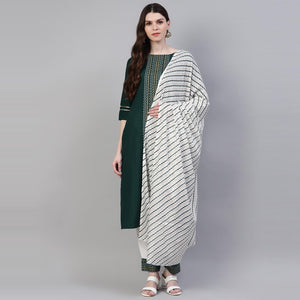 Dark Green Printed Pure Cotton Kurti - Pant Set With Dupatta
