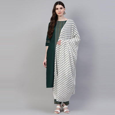 Dark Green Printed Pure Cotton Kurti - Pant Set With Dupatta