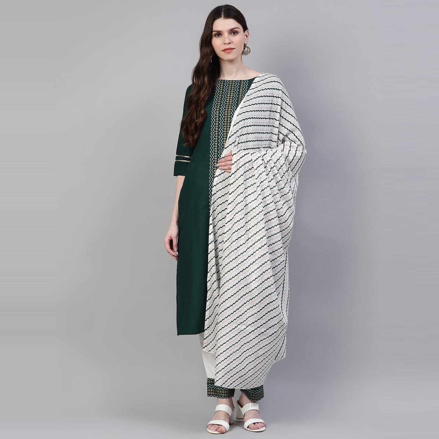 Dark Green Printed Pure Cotton Kurti - Pant Set With Dupatta