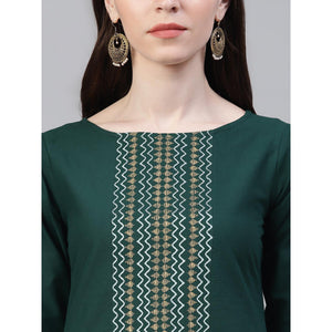 Dark Green Printed Pure Cotton Kurti - Pant Set With Dupatta