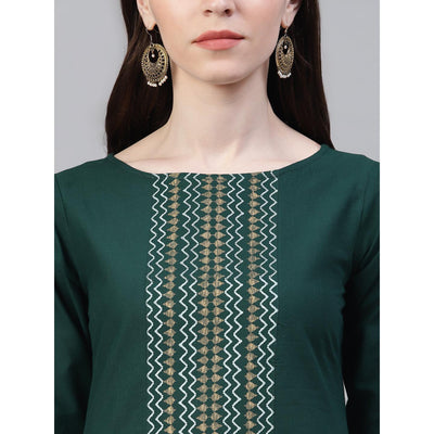 Dark Green Printed Pure Cotton Kurti - Pant Set With Dupatta