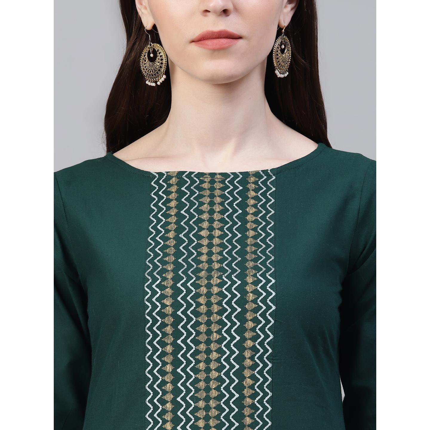 Dark Green Printed Pure Cotton Kurti - Pant Set With Dupatta