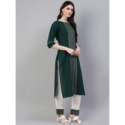 Dark Green Printed Pure Cotton Kurti - Pant Set With Dupatta