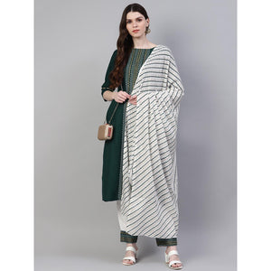 Dark Green Printed Pure Cotton Kurti - Pant Set With Dupatta