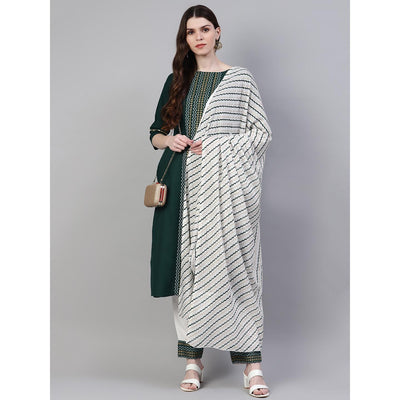 Dark Green Printed Pure Cotton Kurti - Pant Set With Dupatta