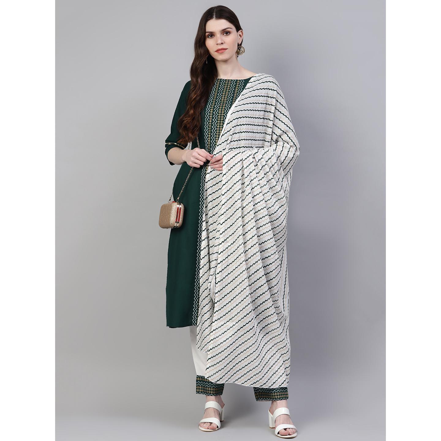 Dark Green Printed Pure Cotton Kurti - Pant Set With Dupatta