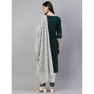 Dark Green Printed Pure Cotton Kurti - Pant Set With Dupatta