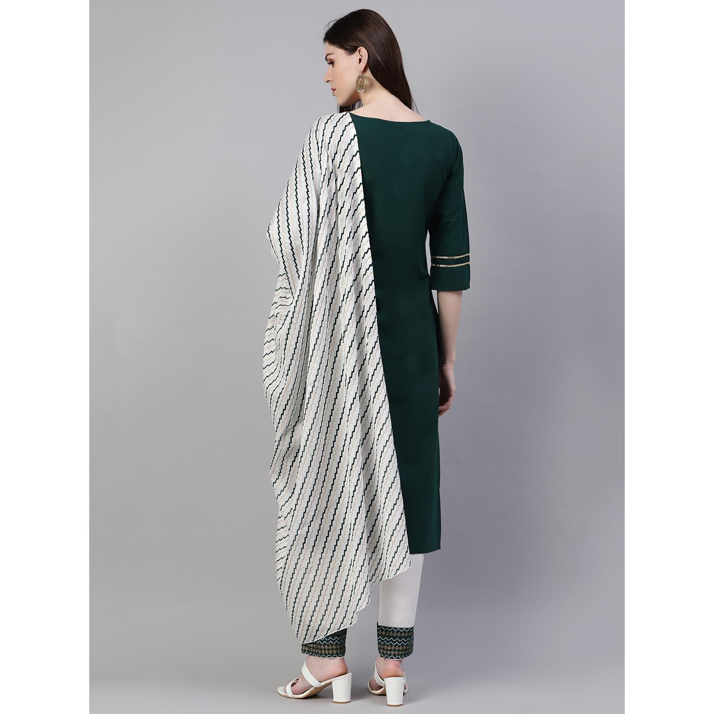 Dark Green Printed Pure Cotton Kurti - Pant Set With Dupatta
