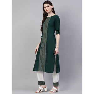 Dark Green Printed Pure Cotton Kurti - Pant Set With Dupatta