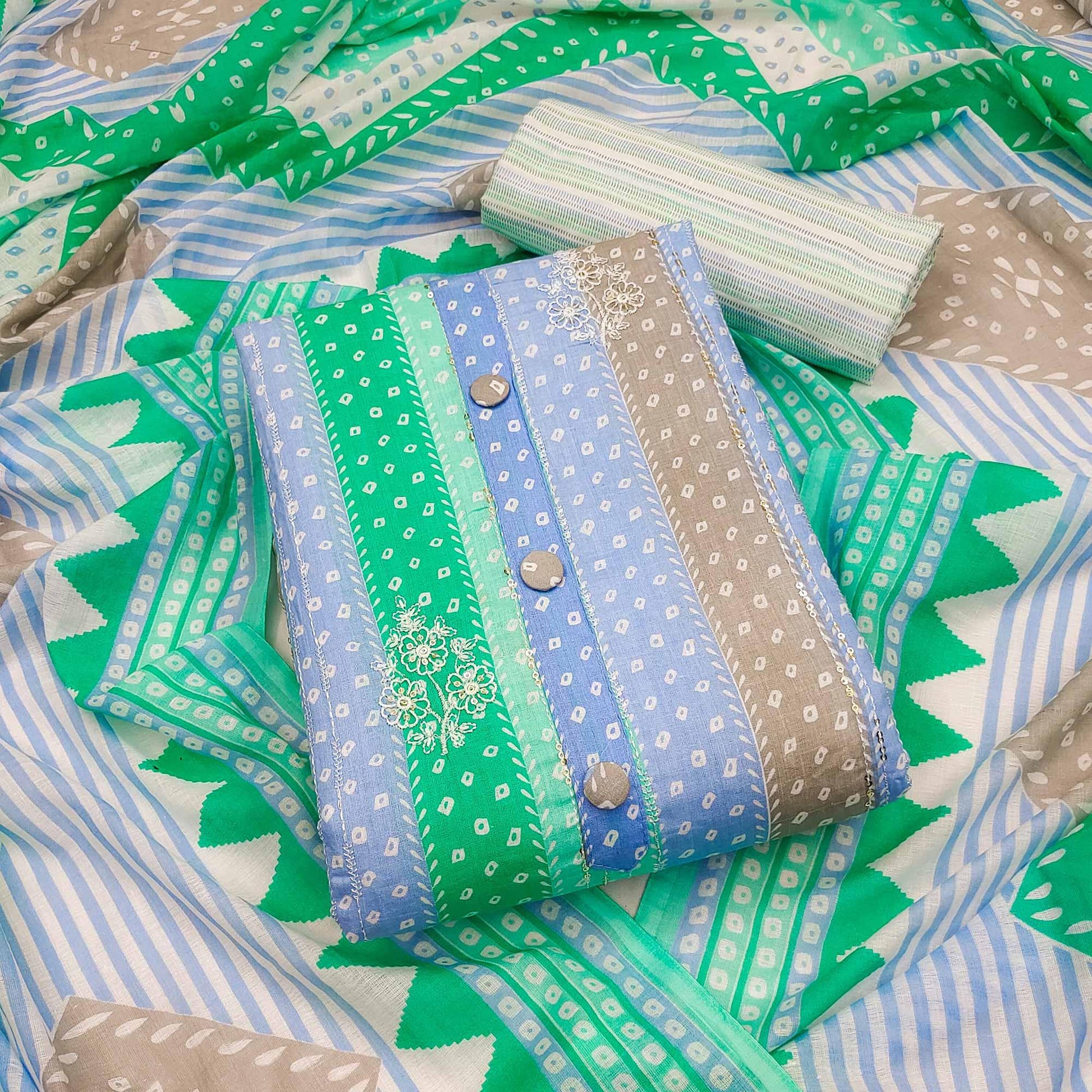 Dark Green Printed With Floral Embroidered Pure Cotton Dress Material