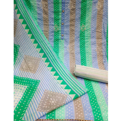 Dark Green Printed With Floral Embroidered Pure Cotton Dress Material