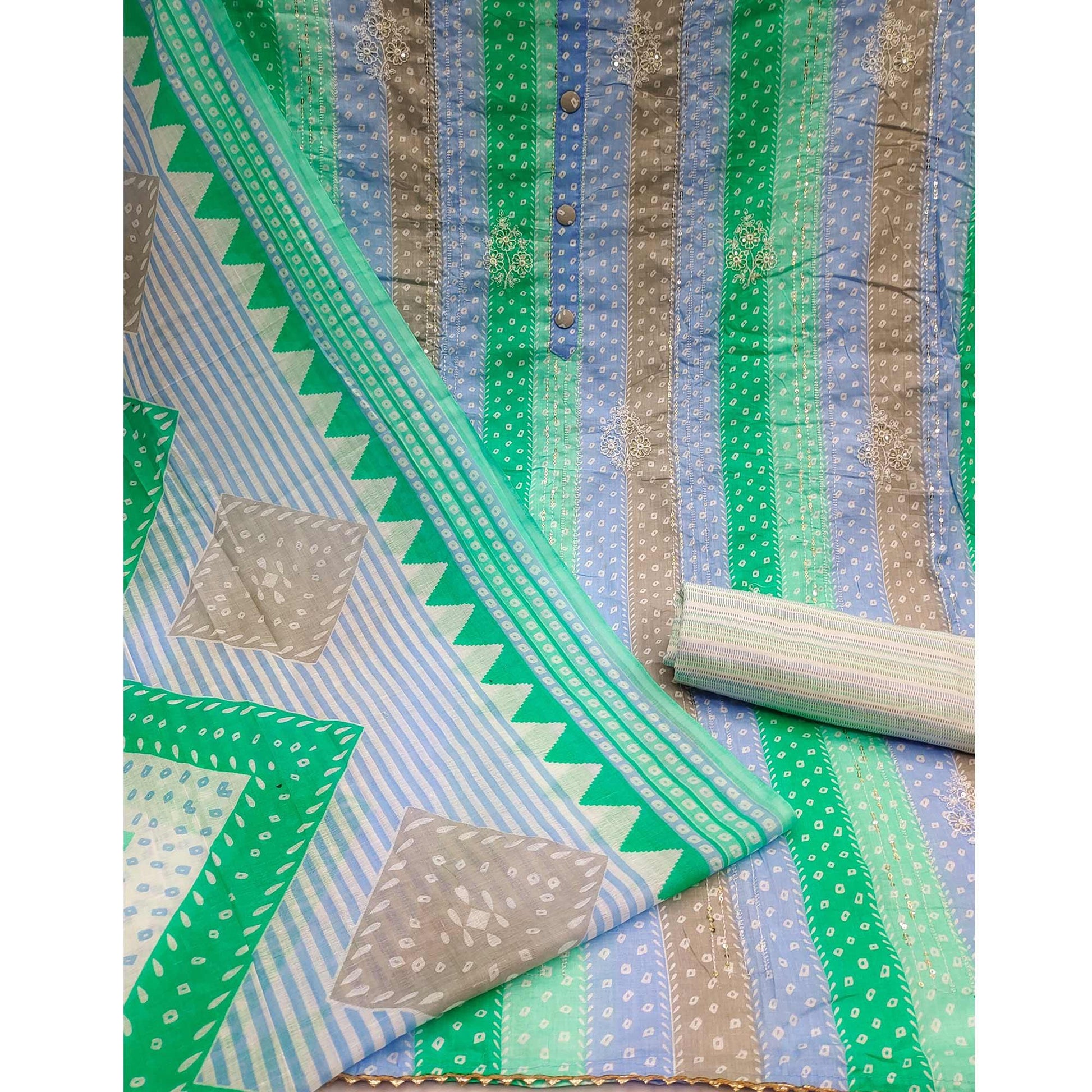 Dark Green Printed With Floral Embroidered Pure Cotton Dress Material