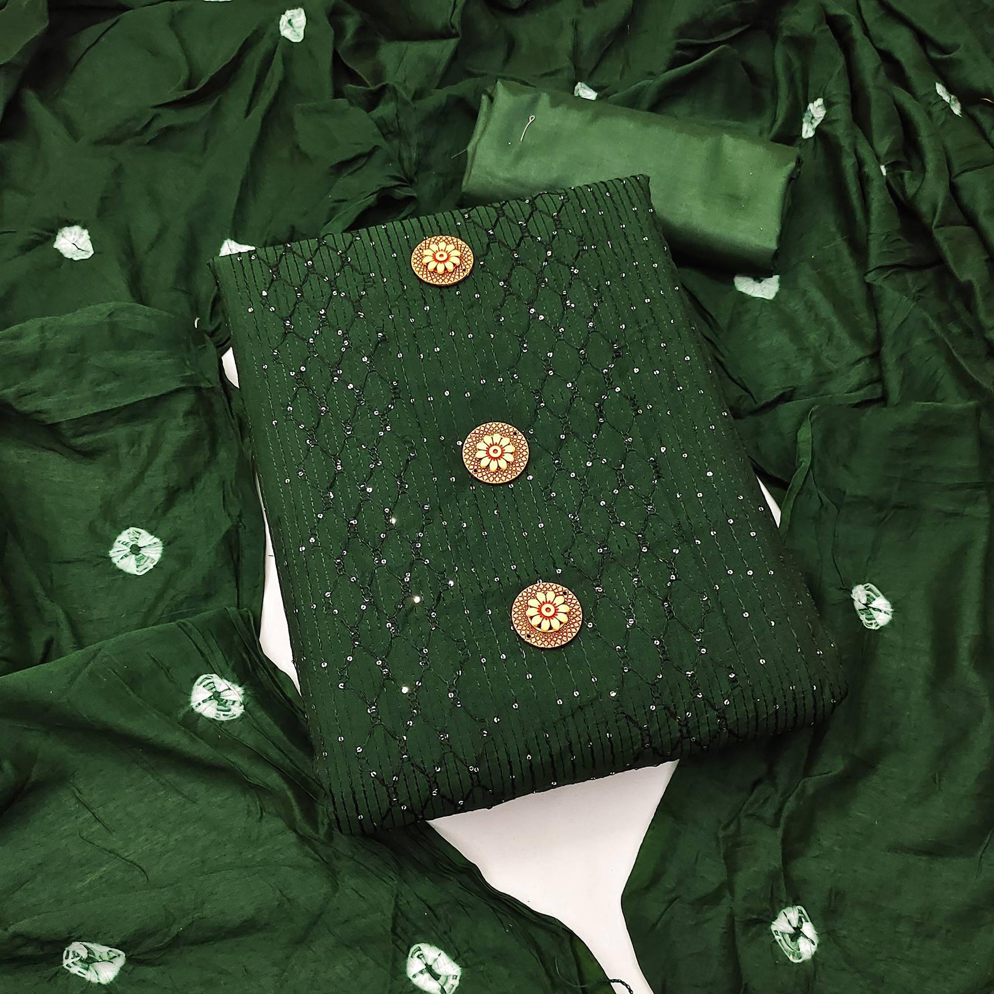 Dark Green Sequins Embroidered Chanderi Dress Material